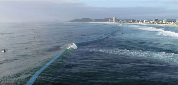 The curvatures of the wave crests, outlined in blue, occur when the artificial reef concentrates wave energy towards the crest. Photo: Surf Management Plan Five-Year Review (Annex 1). City of Gold Coast.