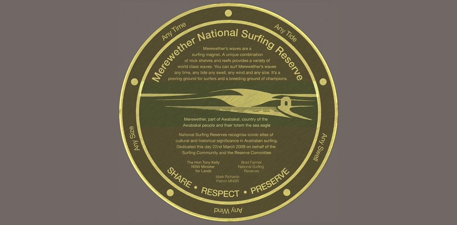 Merewether National Surfing Reserve plaque. Photo: Mauro Figueiredo (courtesy). 