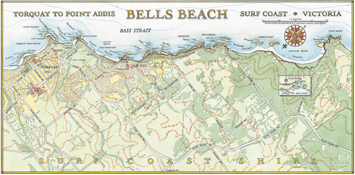 ap of the surfing points of Bells Beach, from Torquay to Point Addis. Source: Guy's Surfari Maps. 
