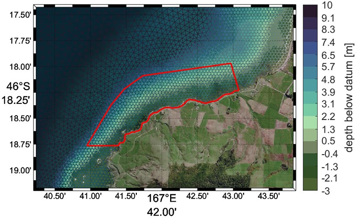 Delimitation, in red, of the surf break area for Frenches Reef. Source: Environment Southland.