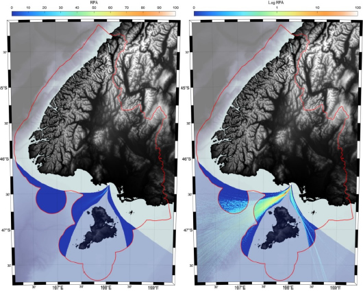 Riverton Rocks swell corridor superimposed on model topography and bathymetry. The red line is the Environment Southland jurisdictional area. The surge corridor outside the territorial sea is translucent. The graded color of the surge corridor is 'relative percent activity' (left) and is provided on a logarithmic scale (right) to visualize the full range. Source: Environmental Southland.