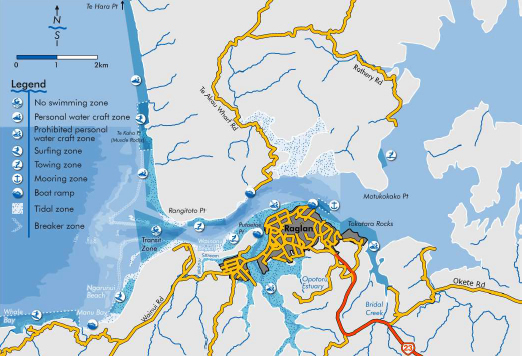 Map of Raglan with surfing areas designated as reserved areas. Source: Navigation Safety Bylaw. 