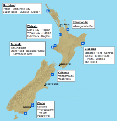 Location of nationally significant breakers in New Zealand. Source: [Department of Conservation of New Zealand. NZCPS 2010 Guidance note, Policy 16: Surf breaks of national significance, https://www.doc.govt.nz/globalassets/documents/conservation/marine-and-coastal/coastal-management/guidance/policy-16.pdf].